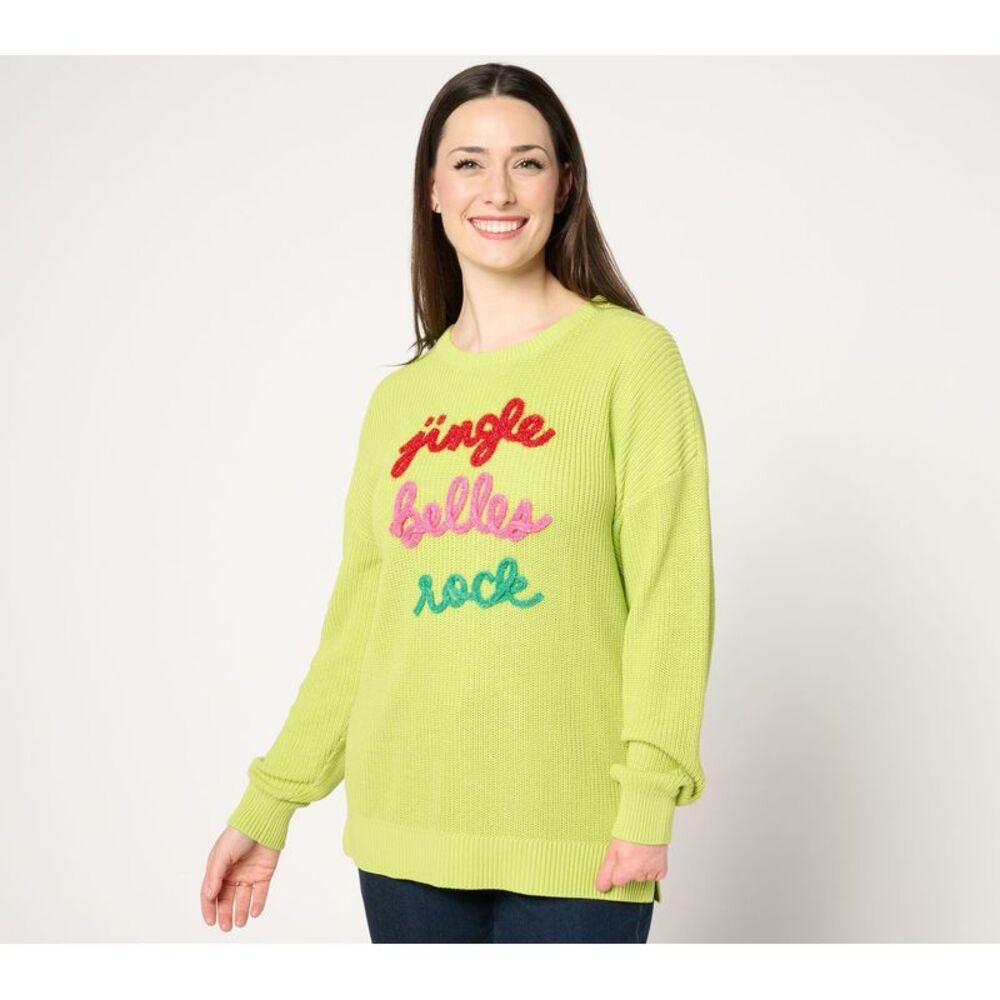 Belle by Kim Gravel Women's Top Sweater Sz M Merry Messages Shaker Green